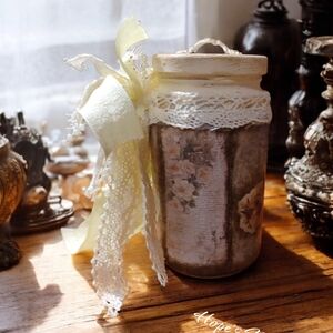 Vintage Floral Decorative Jar with Lace Ribbon